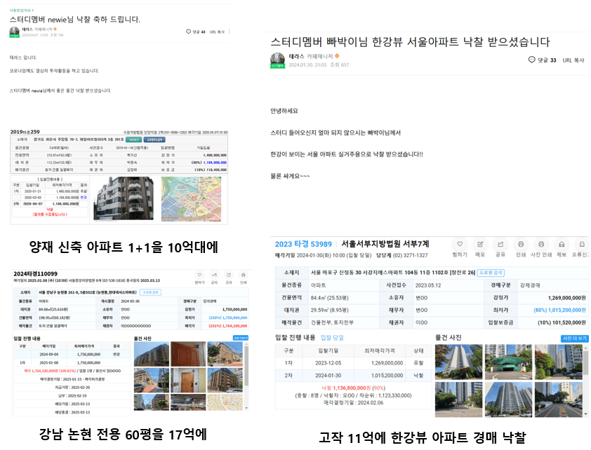 스터디 모집공고에 소개된 과거 아파트 낙찰 사례 · 현재 아파트반의 수강 결과를 뜻하지 않습니다.